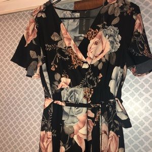 Black floral faux wrap high low dress